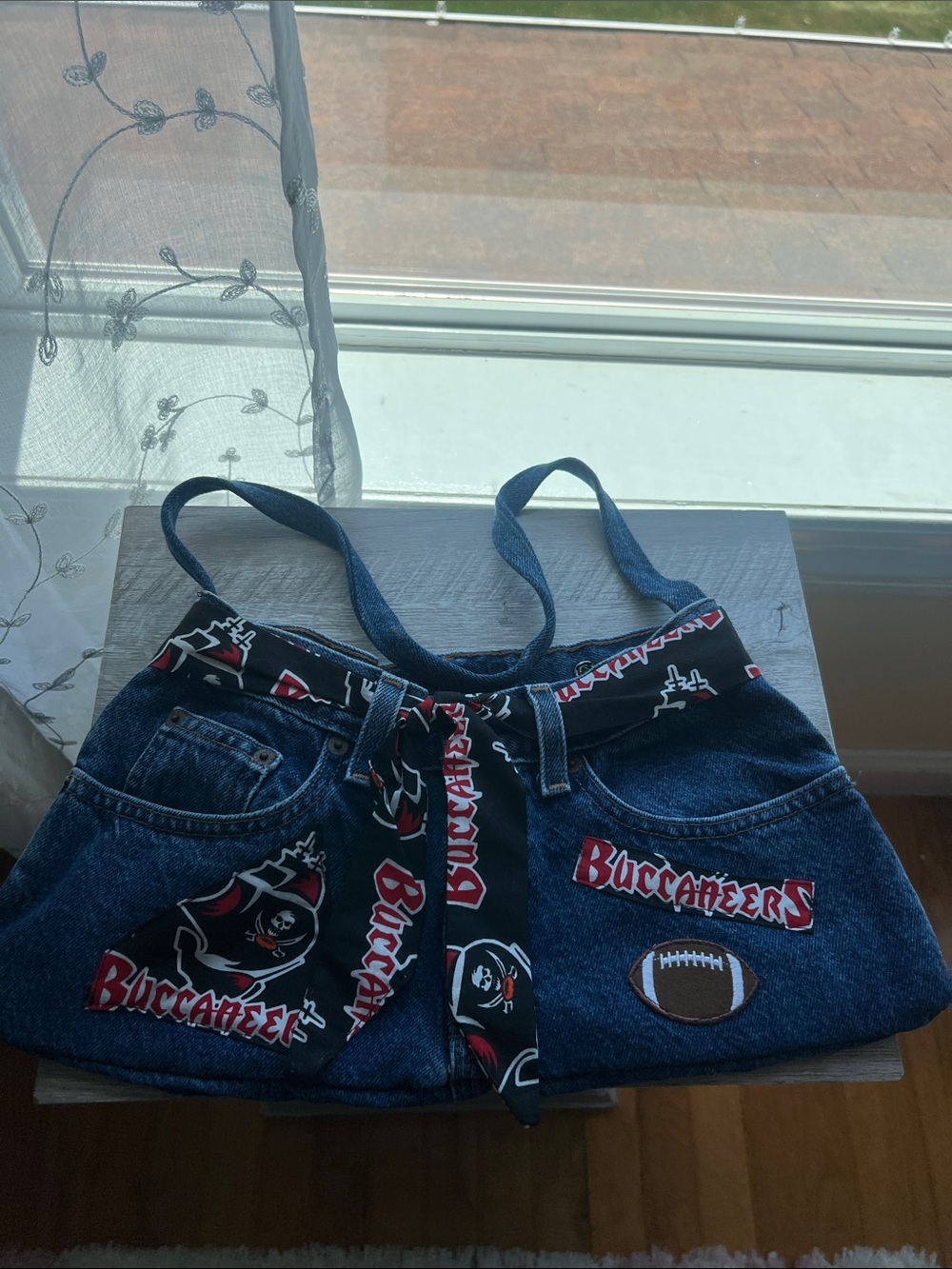 Hand Crafted Dark Blue Buccaneers Denim Shoulder Bag with Red & White Accents